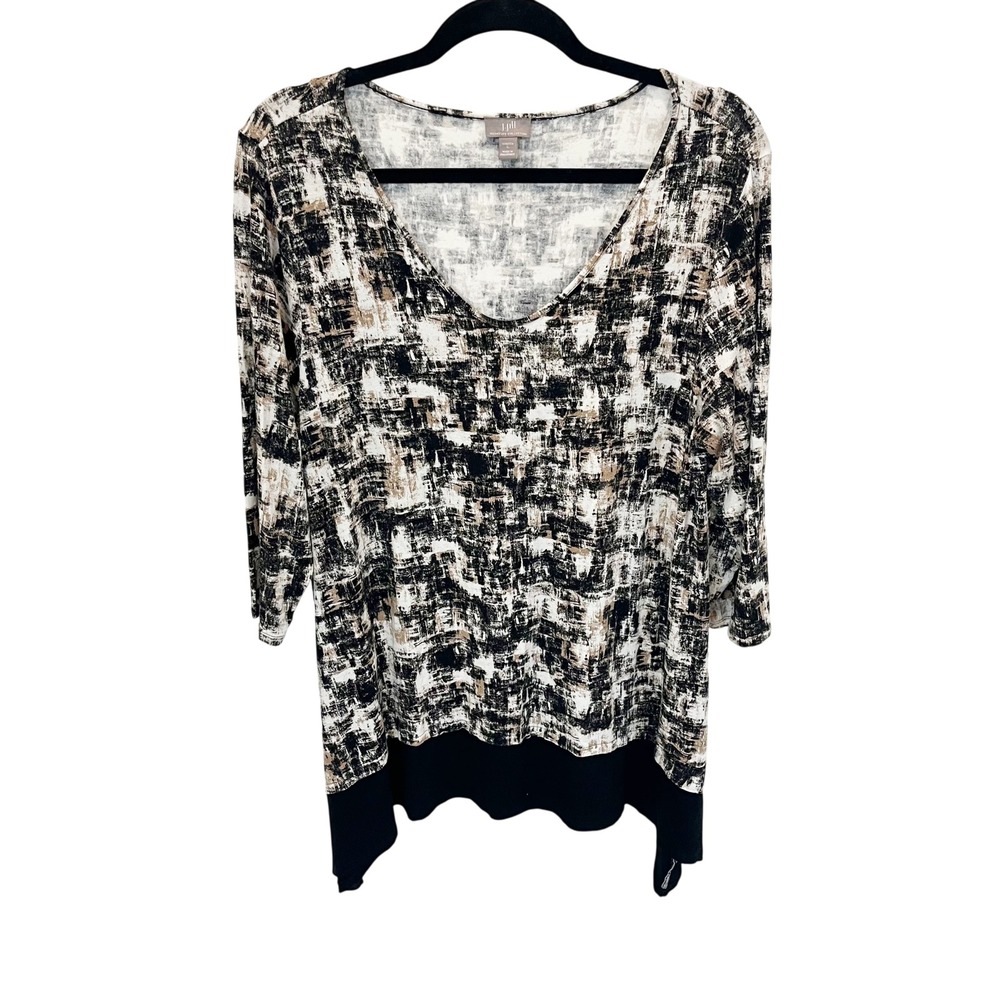 J. Jill Wearever Abstract Print Sharkbite Tunic Top Black Artsy Lagenlook LARGE